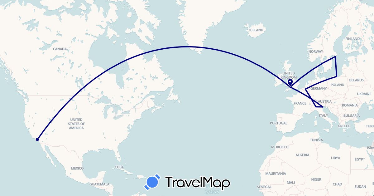 TravelMap itinerary: driving in Belgium, United Kingdom, Italy, Poland, Sweden, United States (Europe, North America)